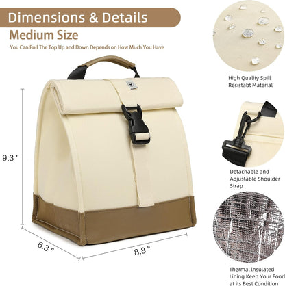 SUNNY BIRD Insulated Lunch Bag Rolltop Lunch Box Medium Lunch Cooler Tote for Women, Girls, Teens and Adults (White)