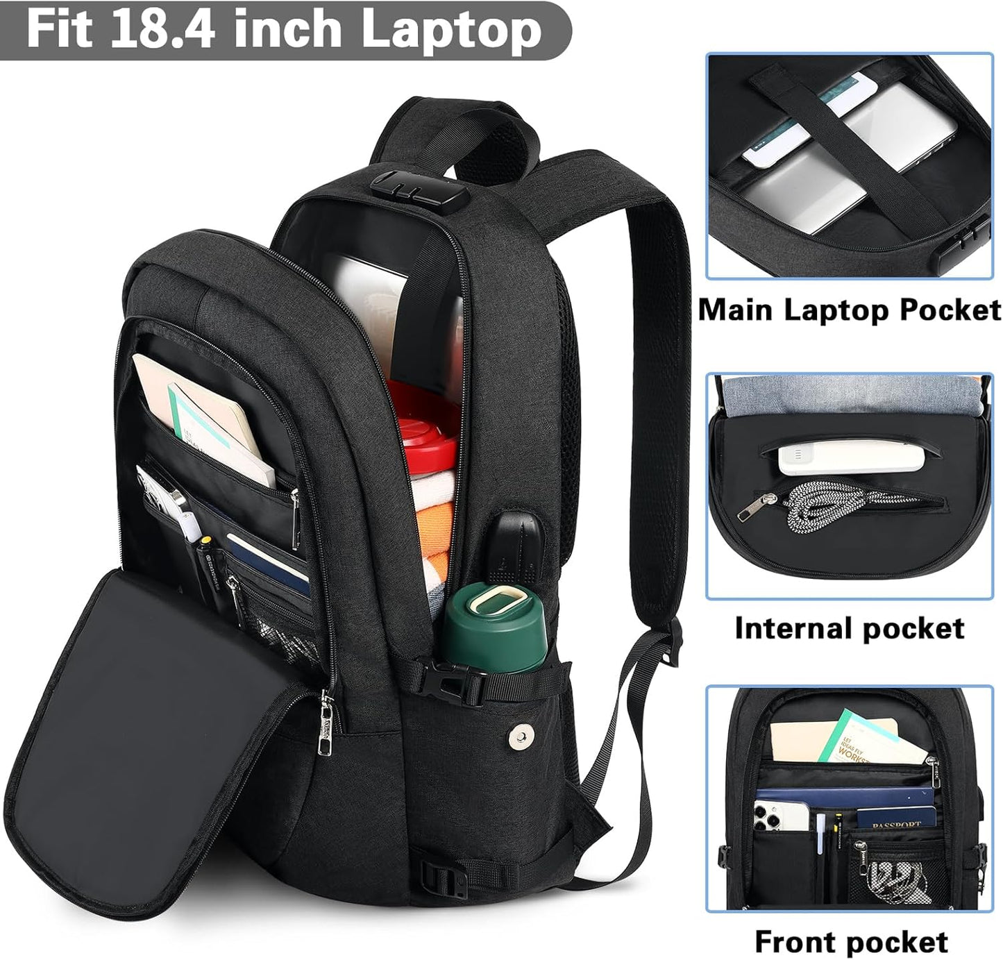 AMBOR Travel Laptop Backpack,18.4 inch Anti Theft Business Laptop Carry on Backpack with USB Charging Port and Headphone Interface, Backpack for Men & Women,Black