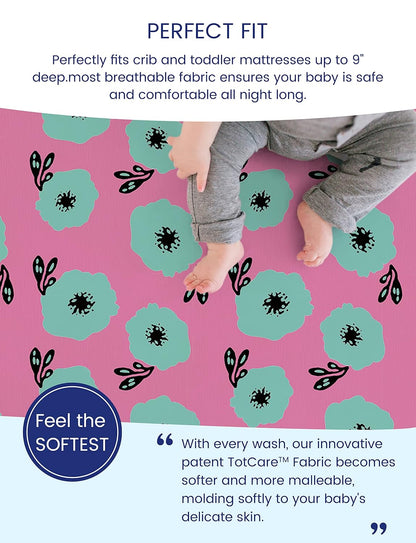 TotAha Premium Stretchy Crib Sheets (2-Pack)-Hypoallergenic, Silky Comfort, Buttery Soft, Calming Effect, All-Season Jersey-Knit Sheets, 9'' Extra Deep Pocket (Colorful Flora & Blue Flowers)
