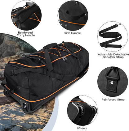 110L Expandable to 140L 32” Foldable Oxford Soft-Sided Rolling Duffle Bag with 2 Heavy-Duty Wheels,3 Large Compartments,Adjustable Shoulder Strap and Attached Organizer Pouch,Black Orange