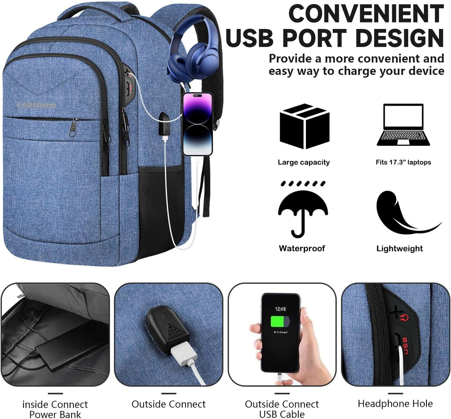 Lapsouno Extra Large Travel Backpack, TSA Laptop Backpack, 17 inch Bag with USB Port, 40L Carry on College School Computer Bag for Men Women, Blue