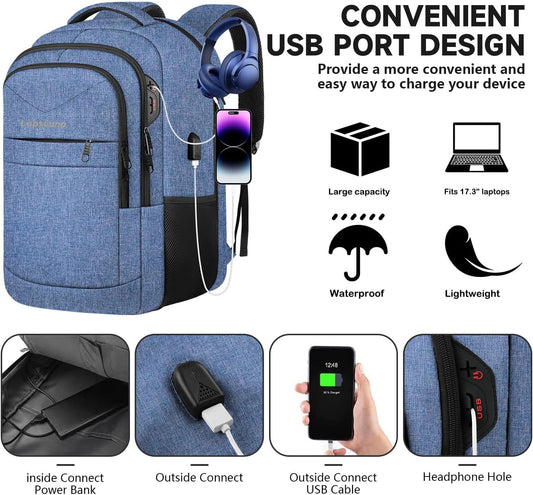 Lapsouno Extra Large Travel Backpack, TSA Laptop Backpack, 17 inch Bag with USB Port, 40L Carry on College School Computer Bag for Men Women, Blue