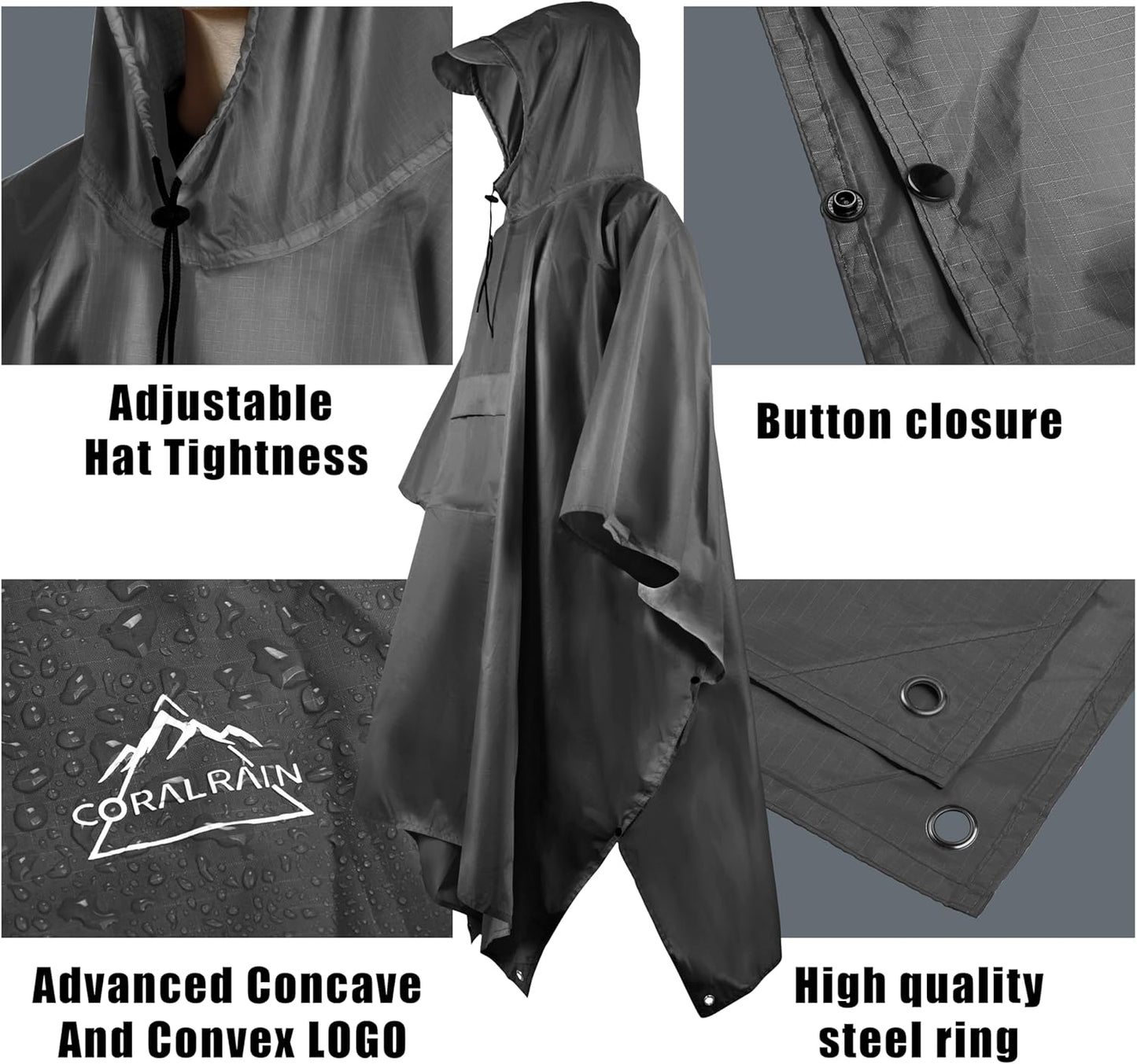 Coralrain Hooded Rain Poncho Lightweight Waterproof Unisex Raincoat Jacket with Pocket for Men Women Adult