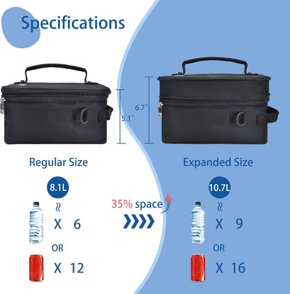 Expandable Lunch Bag for Men, (10.7L) Insulated Lunch Box, Portable Large Cooler Bag with Shoulder Straps for Men Women Adult for Work College Travel, Black