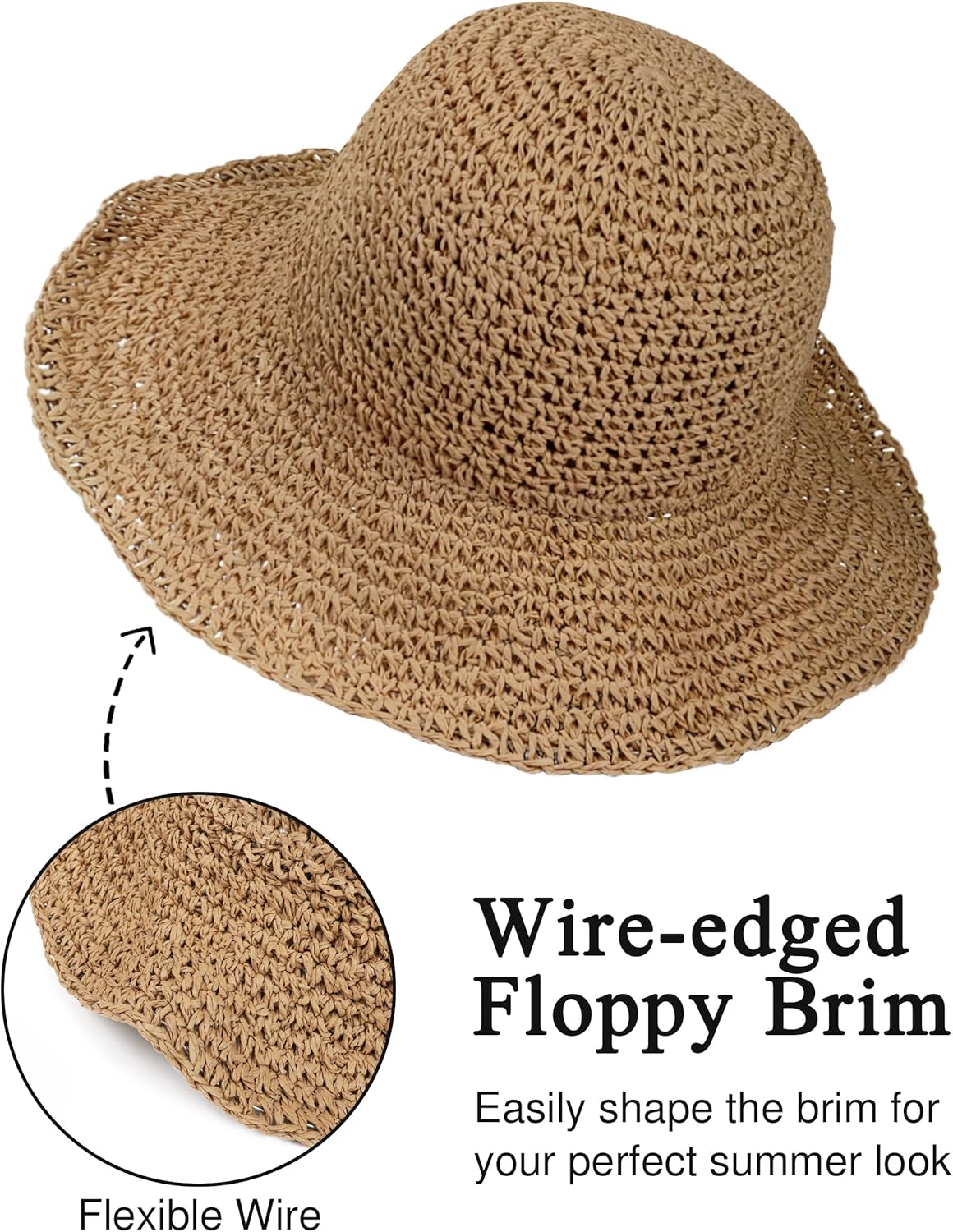Womens Wide Brim Straw Sun Hat Foldable Floppy Crochet Beach Hat for Summer