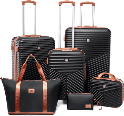 Hoteel 6 Piece Luggage Set (4-YEAR WARRANTY) Carry on ABS+PC Hard Shell Suitcase with Spinner Wheels & TSA Lock (Black)