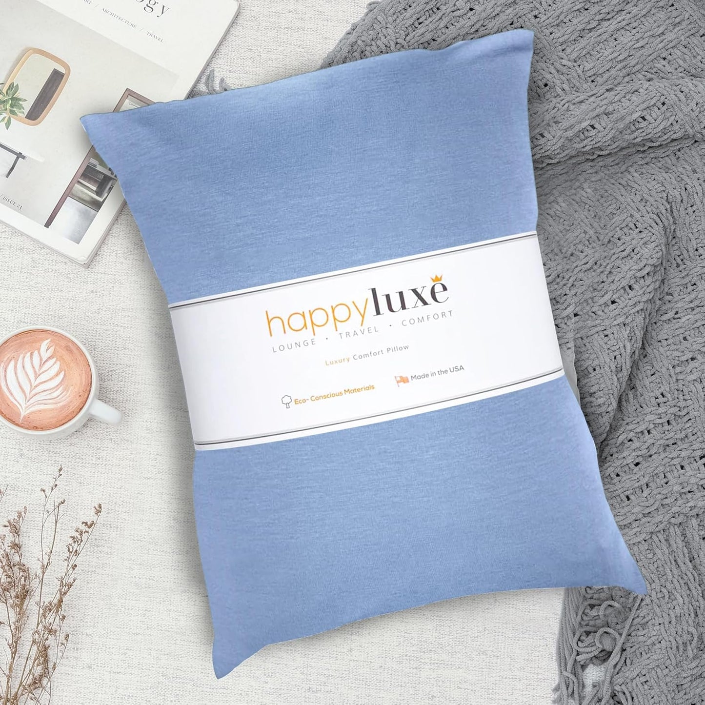 Happyluxe Odyssey Travel Pillow for Long Flights - Soft, Small, Alternative to Down and Memory Foam. 17 x 13in - Made in The USA, Serenity Blue Airplane Pillow for Adults Sleeping, Camping or Nap