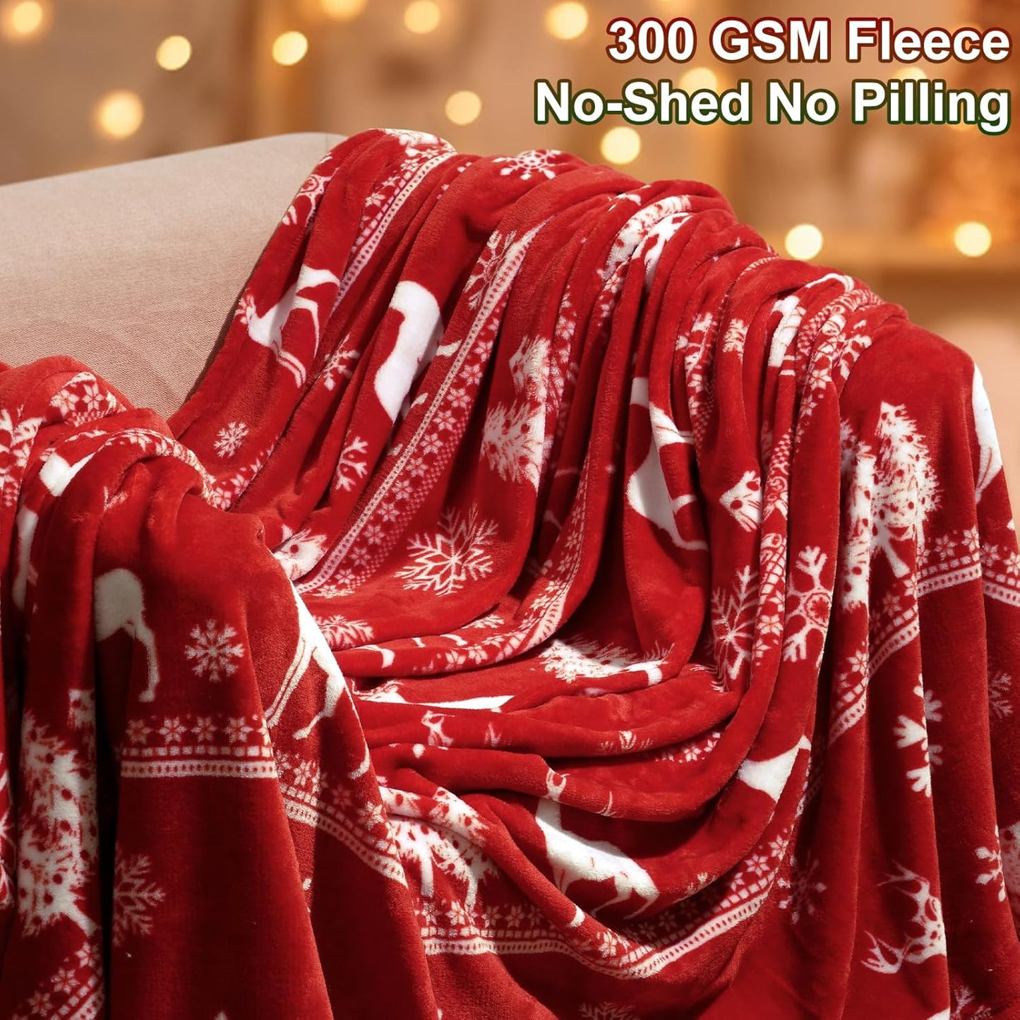 PHF Printed Fleece Throw Blanket, No Shed No Pilling Ultra Soft Plush Cozy Xmas Prints Theme Home Décor Flannel Blanket for Bed, Sofa, Couch and Gift, 50" x 60", Reindeer and Trees, Red