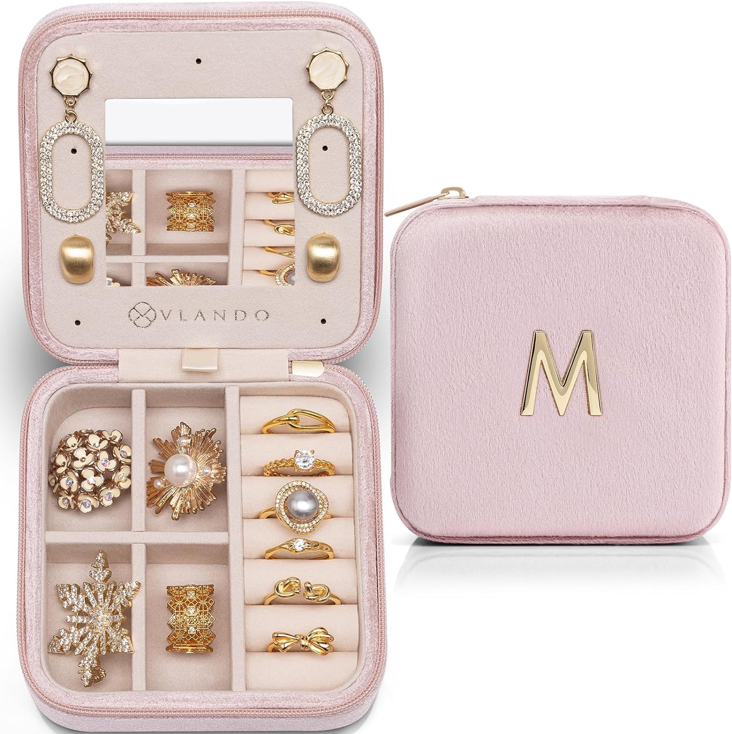 Vlando First Mothers day Gifts for New Mom, M Initial Travel Jewelry Case, Small Jewelry Travel Case, Personalized Travel Mini Jewelry Case, Birthday Gifts for Women Mom Grandma - Letter M, Pink