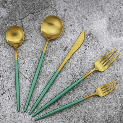 Green Handle Matte Gold Silverware, Gugrida 5-Piece 18/10 Stainless Steel Flatware Set, Kitchen Utensils, Tableware Travel Cutlery for Camping Office Lunch, Satin Finish, Dishwasher Safe