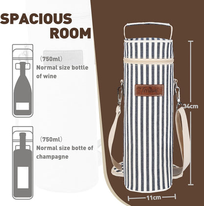 Tirrinia Single Wine Cooler Bags - Insulated & Padded Portable Wine Gift Tote Carrier for Travel, BYOB Restaurant, Wine Tasting, Party, Great Gift for Wine Lover, Blue Stripe