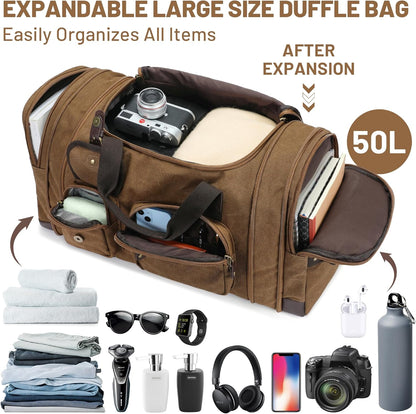 Travel Duffle Bag for Men, Heavy Duty Canvas Duffle Bag, Carryon Bags for Airplanes, Expandable Vintage Leather Overnight Luggage Weekender Bag, Waterproof Anti-tear Canvas Bag