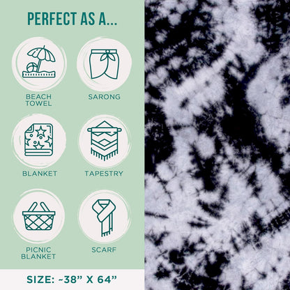 Sand Cloud Turkish Beach Towel - Sand Free - 100% Organic Turkish Cotton Yarn - Quick Dry Towel for Beach, Picnic Blanket or Throw - As Seen on Shark Tank - Tie Dye (Black Acid Wash)