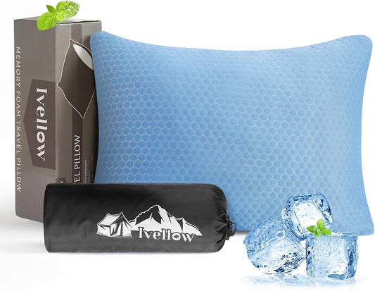 Ivellow Travel Pillow Cooling Camping Pillow for Sleeping Compressible Shredded Memory Foam Pillow Compact Firm Supportive Pillow for Adults Kids Outdoor Backpacking Hiking Essential Gear Blue S