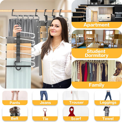Pants Hangers Space Saving - 4 PCS Closet Organizer and Storage Jean Hangers, Stainless Steel Anti-Slip Clothes Hanger Scarf Holder Pants for Jeans Leggings Trousers Rack for Back to School, Black