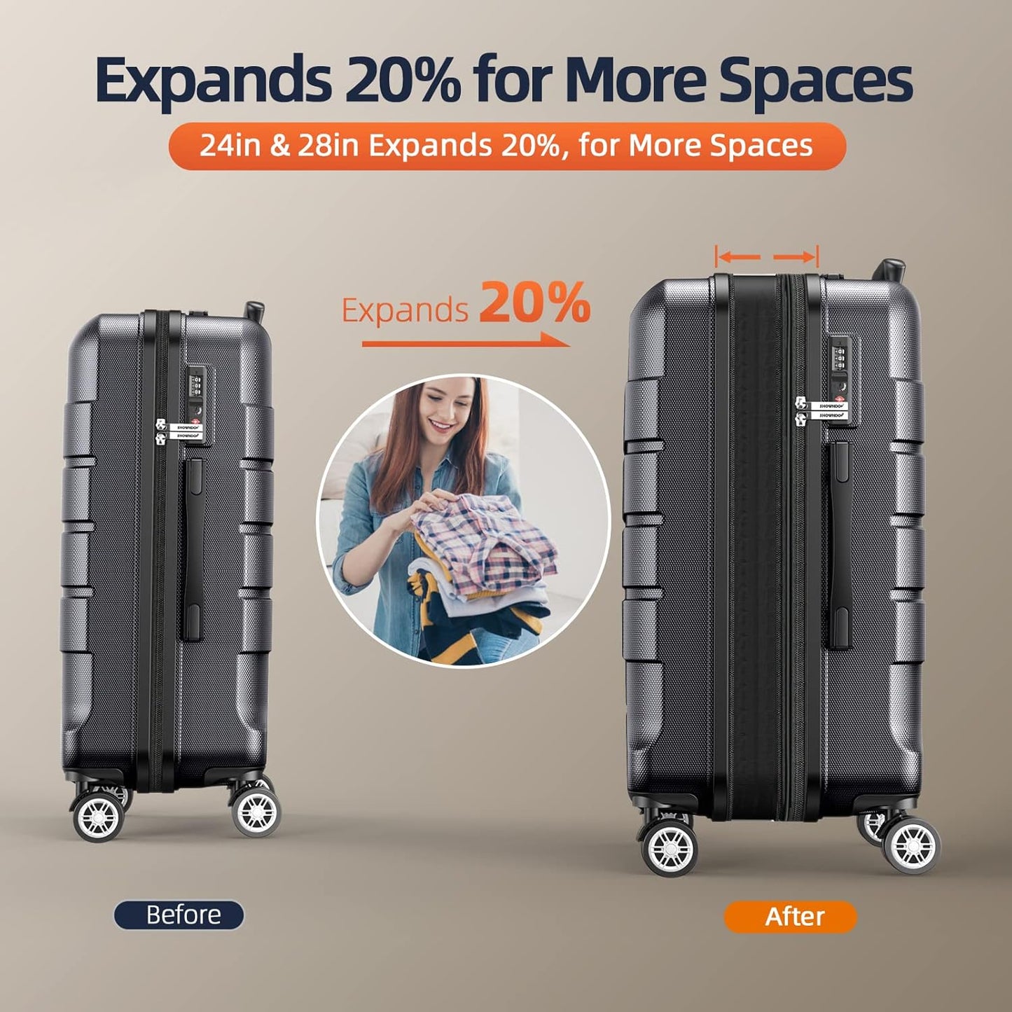 SHOWKOO Luggage Sets Expandable PC+ABS Durable Suitcase Double Wheels TSA Lock Gray