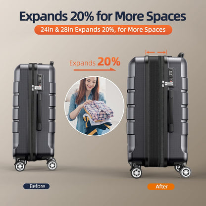 SHOWKOO Luggage Sets Expandable PC+ABS Durable Suitcase Double Wheels TSA Lock Gray