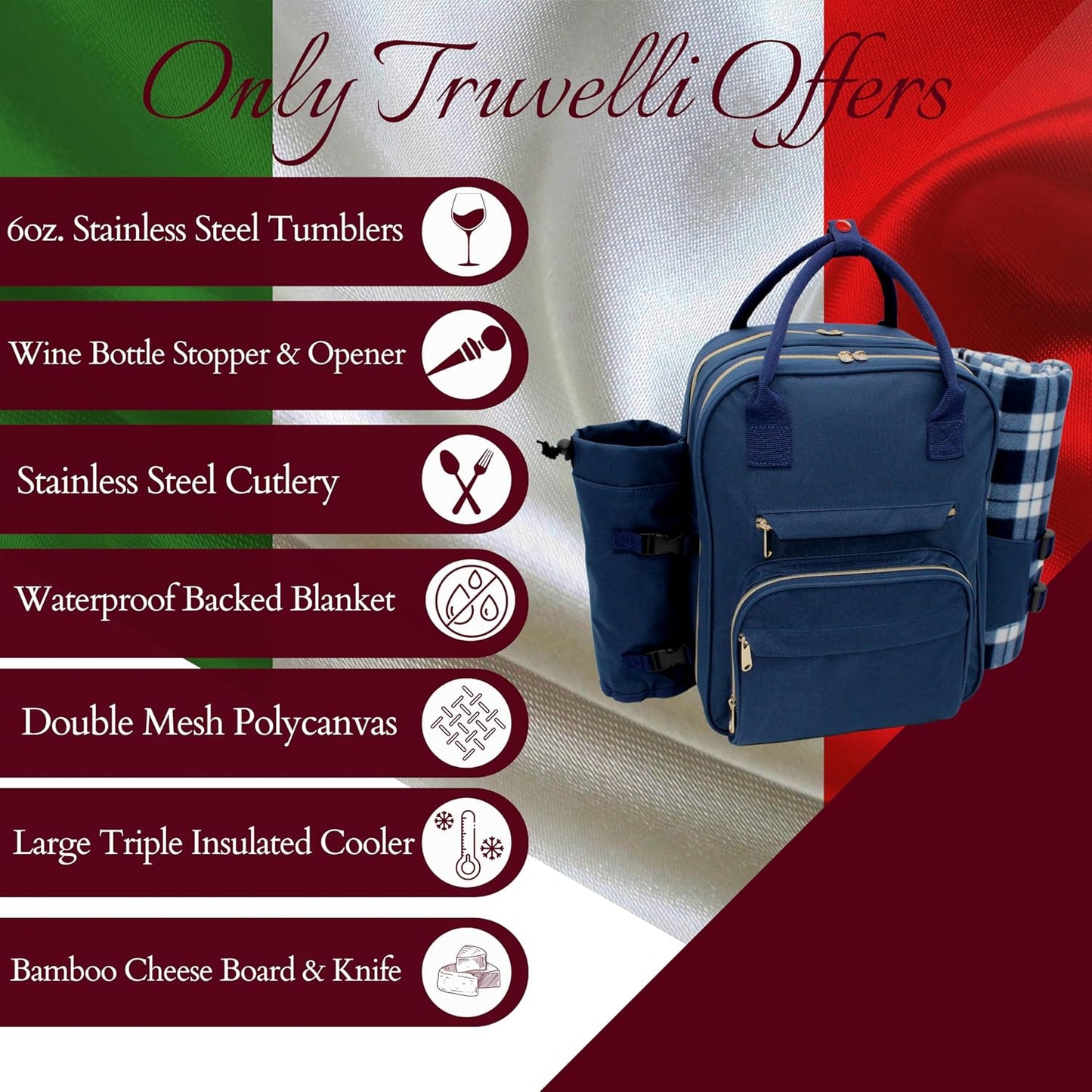 Truvelli Picnic Backpack for 2 with Blanket – 12-in-1 Insulated Picnic Basket Backpack Set with‬ Wine Holder, Cutlery & Cheese Board – Luxury Picnic Back Pack for Couples, Outdoor‬ Adventures, Blue