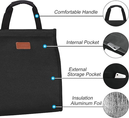 Lunch Bags for Women Insulated Reusable Lunch Tote with Internal Pocket, Lunch Tote bag for Work (Black