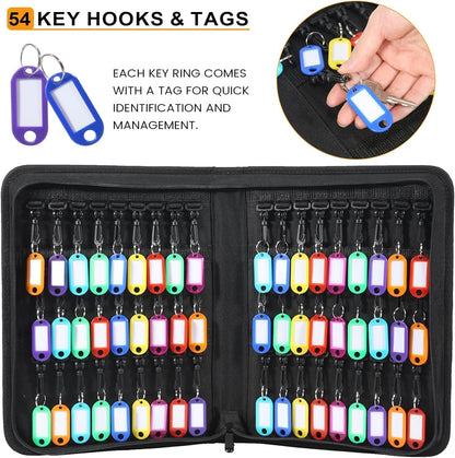 Portable Zippered Key Organizer, Waterproof Fireproof Key Case with 54 Key Hooks and Tags,Portable Key Storage for Rental Management Real Estate Sales Hotel Executives and Car Service(54 Keys)