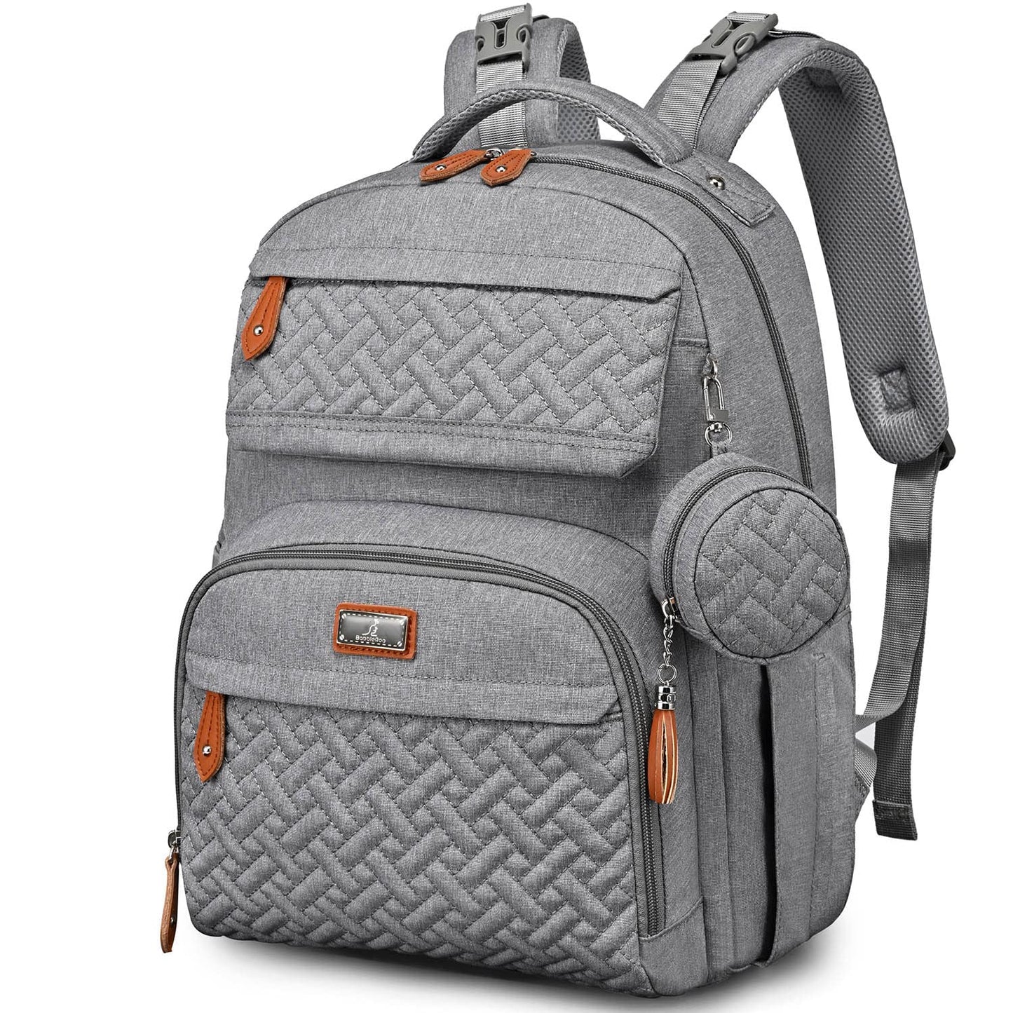 BabbleRoo Diaper Bag Backpack, Travel Backpack with Changing Pad, Pacifier Case & Stroller Straps, Multifunction, Waterproof, Unisex – Light Gray