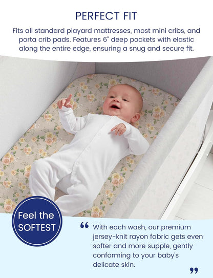 TotAha Premium Soft Pack n Play Sheets, Super Stretchy Jersey Knit Mini Crib Sheets Fitted, Silky Comfort Pack and Play Mattress Sheets, 2 Pack (Vintage Rose & Brunch)