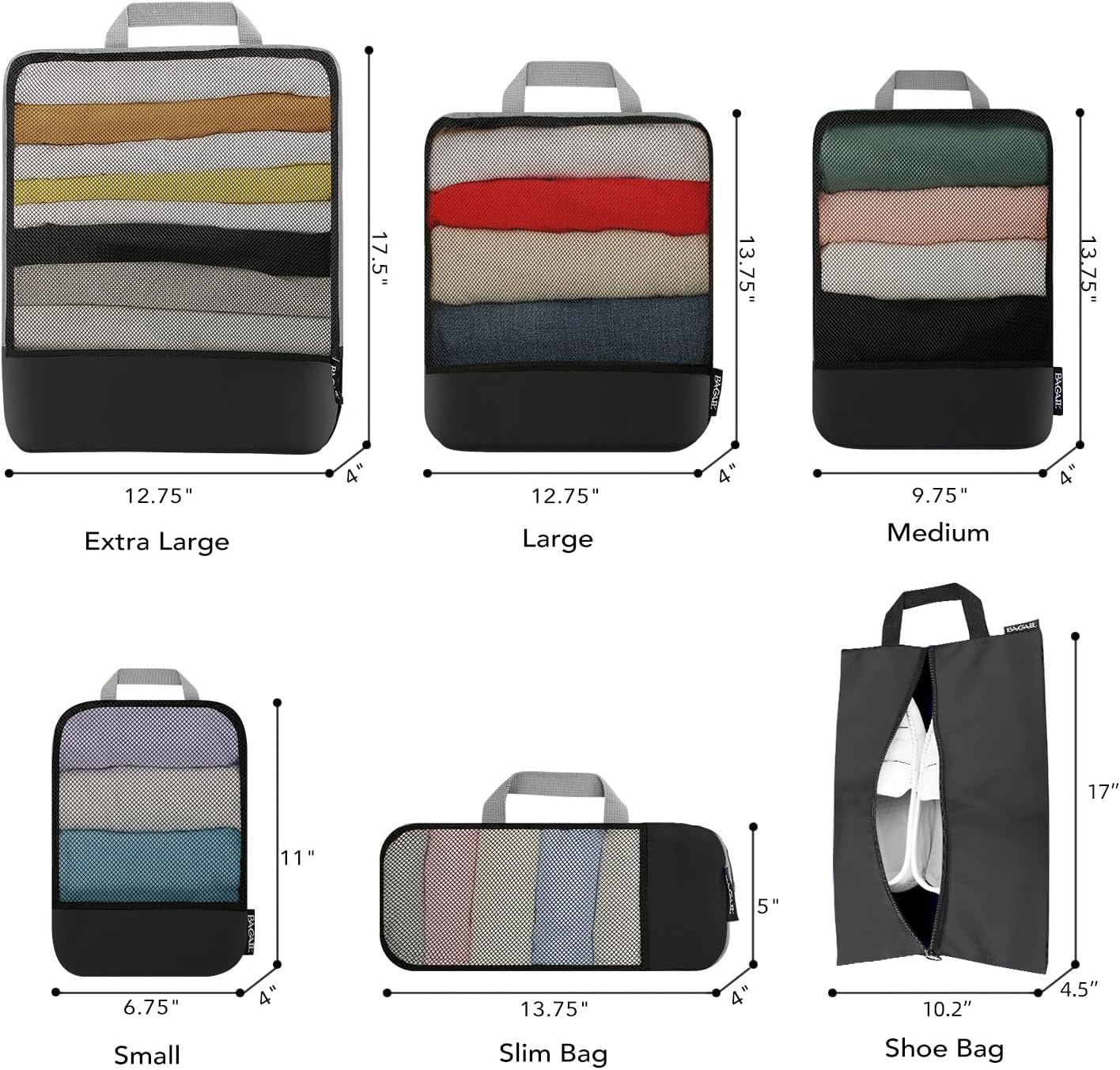 BAGAIL 4 Set/6 Set/8 Set Compression Packing Cubes Travel Accessories Expandable Packing Organizers (Half Mesh, 6-Black)