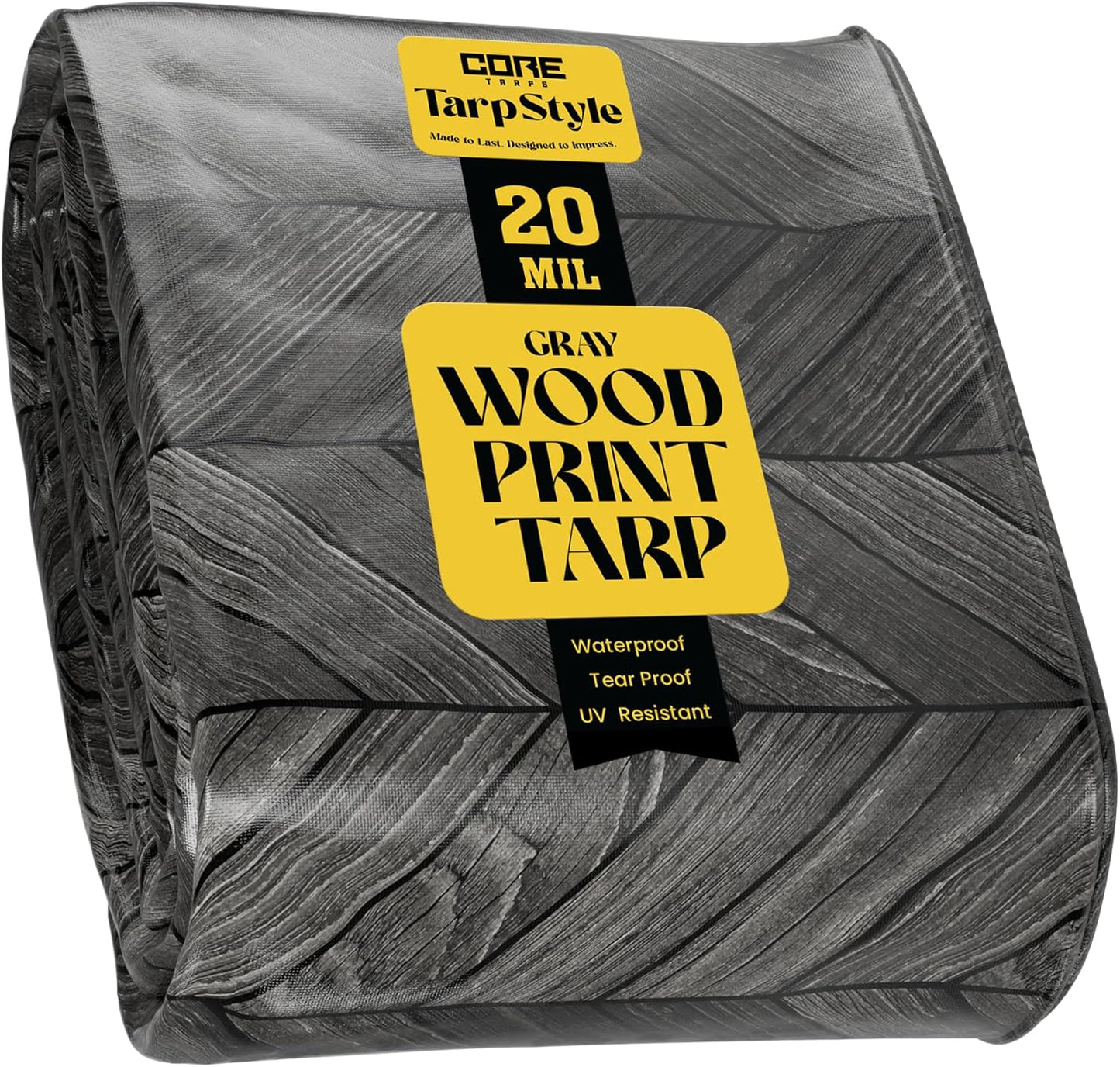 Core Tarps Extreme Heavy Duty 20 Mil Tarp Cover, Waterproof, UV Resistant, Rip and Tear Proof, Poly Tarpaulin with Reinforced Edges for Roof, Camping, Patio, Pool, Boat (Grey Wood/Black 12′ X 25′)