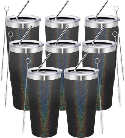 MEWAY 20oz Tumbler 8 Pack Double Wall Vacuum Insulated Travel Glitter Mug Bulk, Stainless Steel Tumblers with Lid and Straw, Powder Coated Coffee Cups for Woman(Gradient Black or Navy,Set of 8)