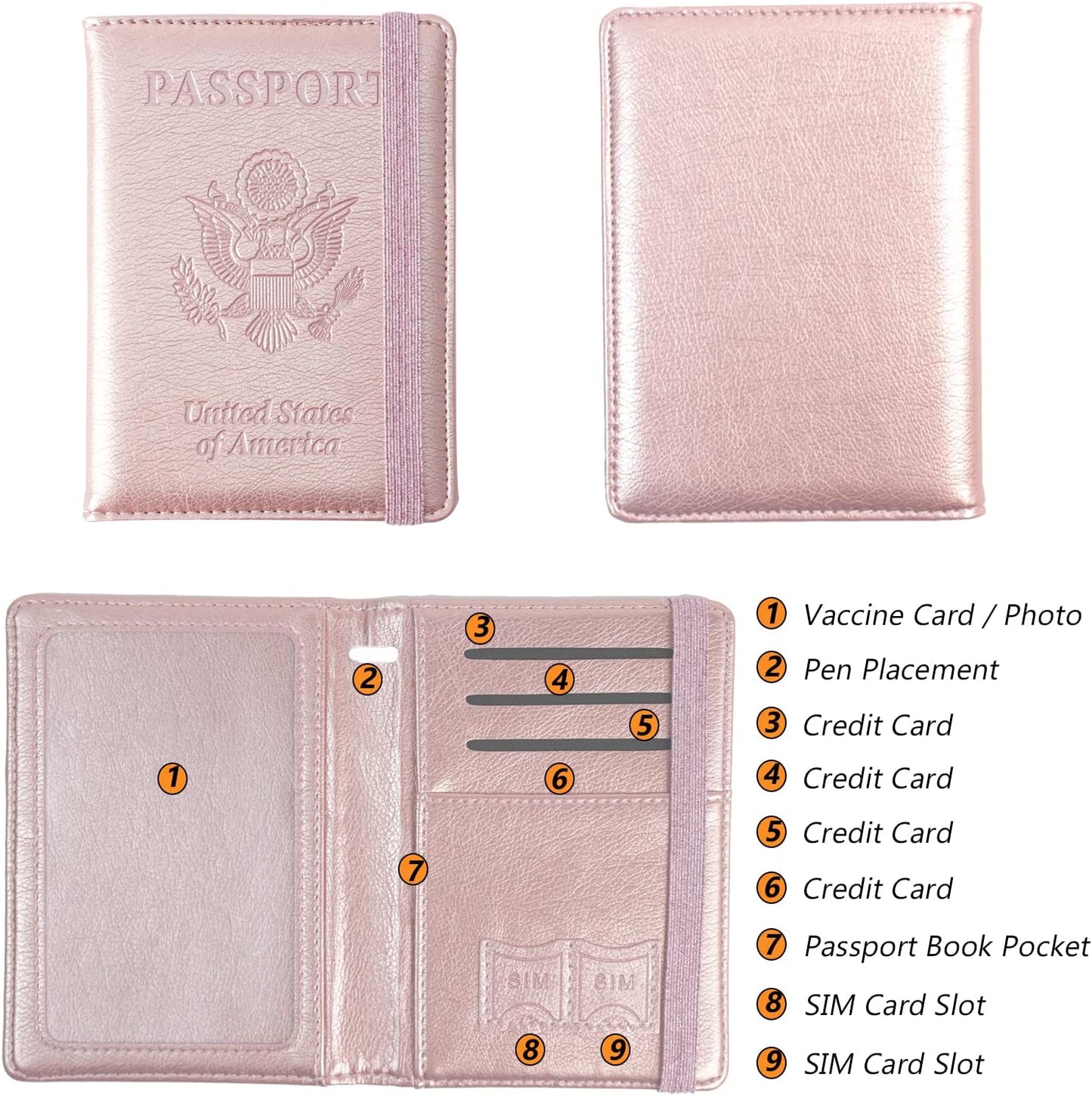 Eoehro Passport and Vaccine Card Holder, Passport Holder Vaccine Card Slot, Passport Wallet, Passport Cover, Passport Case, Passport Holder for Airplane Travel Essentials (E-Elastic band Rose gold)