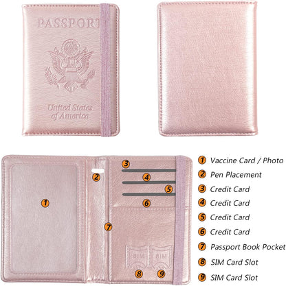 Eoehro Passport and Vaccine Card Holder, Passport Holder Vaccine Card Slot, Passport Wallet, Passport Cover, Passport Case, Passport Holder for Airplane Travel Essentials (E-Elastic band Rose gold)