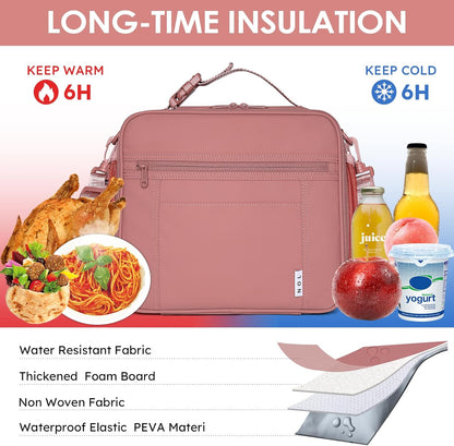 NOL Kids Lunch Bag for School, Reusable Insulated Lunch Box & Children's Tote Bag with Zipper Closure, Buckle Handle, Adjustable Long Shoulder Strap, Easy-Clean Waterproof Fabric Lunchbox - Dark Pink