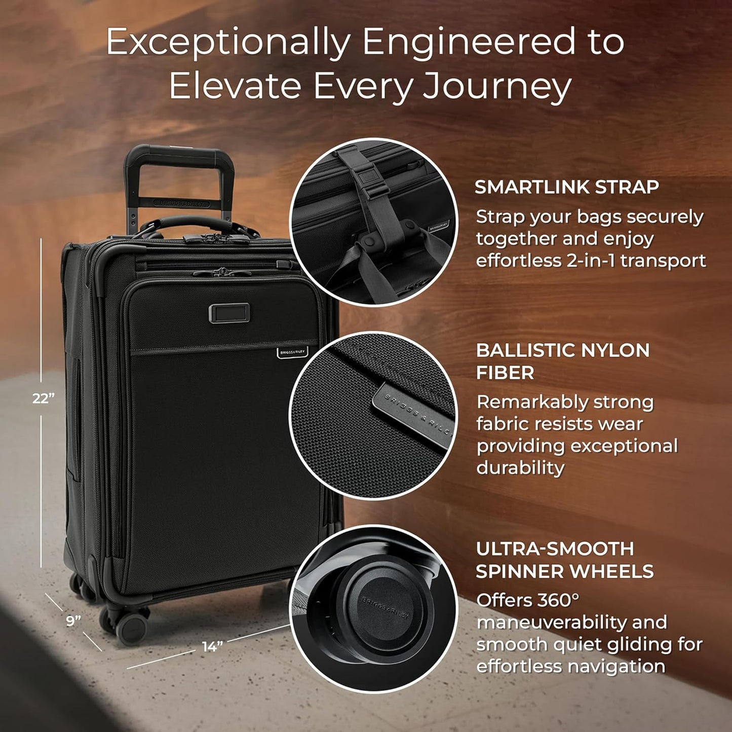 Briggs & Riley Essential 22" Carry On Expandable Spinner - Luggage for Travel, Suitcases with Wheels, Softside Rolling Bag for Men & Women, Self-Repairing Zipper - Baseline Collection, Black