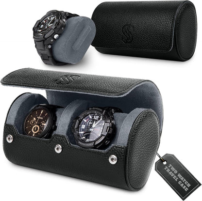 2 Watch Travel Case for Men – Sleek Faux Leather Organizer for Smart & Luxury Timepieces - Portable Travel Watch Storage Box - Ideal Gift for Men with Premium Gift box (Black & Grey)