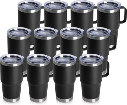 HASLE OUTFITTERS 20oz Tumbler Bulk with Lid, Stainless Steel Tumbler Bulk with Handle, Metal Insulated Travel Coffee Mug Set with Handle, Double Wall Vacuum Leak Proof Tumbler Cup, Black 12 Pack