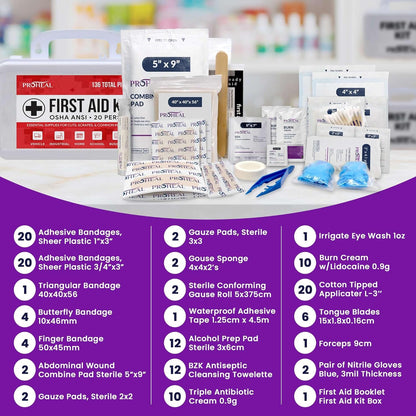 20 Person OSHA Compliant First Aid Kit for Businesses, Vehicles, Trucks, Construction Site - Type III, ANSI Class A Emergency Kit - 136 Piece Essential First Aid Supplies
