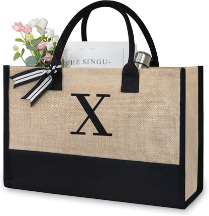 TOPDesign Initial Jute/Canvas Tote Bag, Personalized Present Bag, Suitable for Wedding, Birthday, Beach, Holiday, is a Great Gift for Women, Mom, Teachers, Friends, Bridesmaids (Letter X)