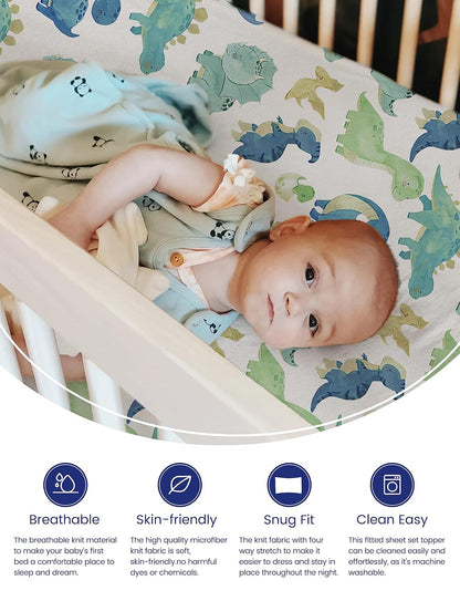 TotAha Pack and Play Sheets Fitted, Buttery Soft Dinosaur Mini Crib Sheets Boy, Stretchy Graco Pack n Play Mattress Sheet, 2-Pack Universal Fit Playard Mattress Cover, All-Season Jersey-Knit