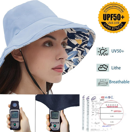 vidsel Womens Sun Hats Wide Brim Reversible Bucket Cotton Hat Packable Summer Travel Cap with Hat Clip,UV Protection