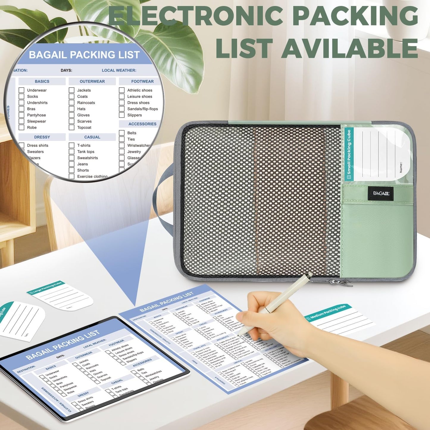 BAGAIL 4 Set/6 Set/8 Set Compression Packing Cubes Travel Accessories Expandable Packing Organizers(HalfMesh, 8-MatchaGreen)