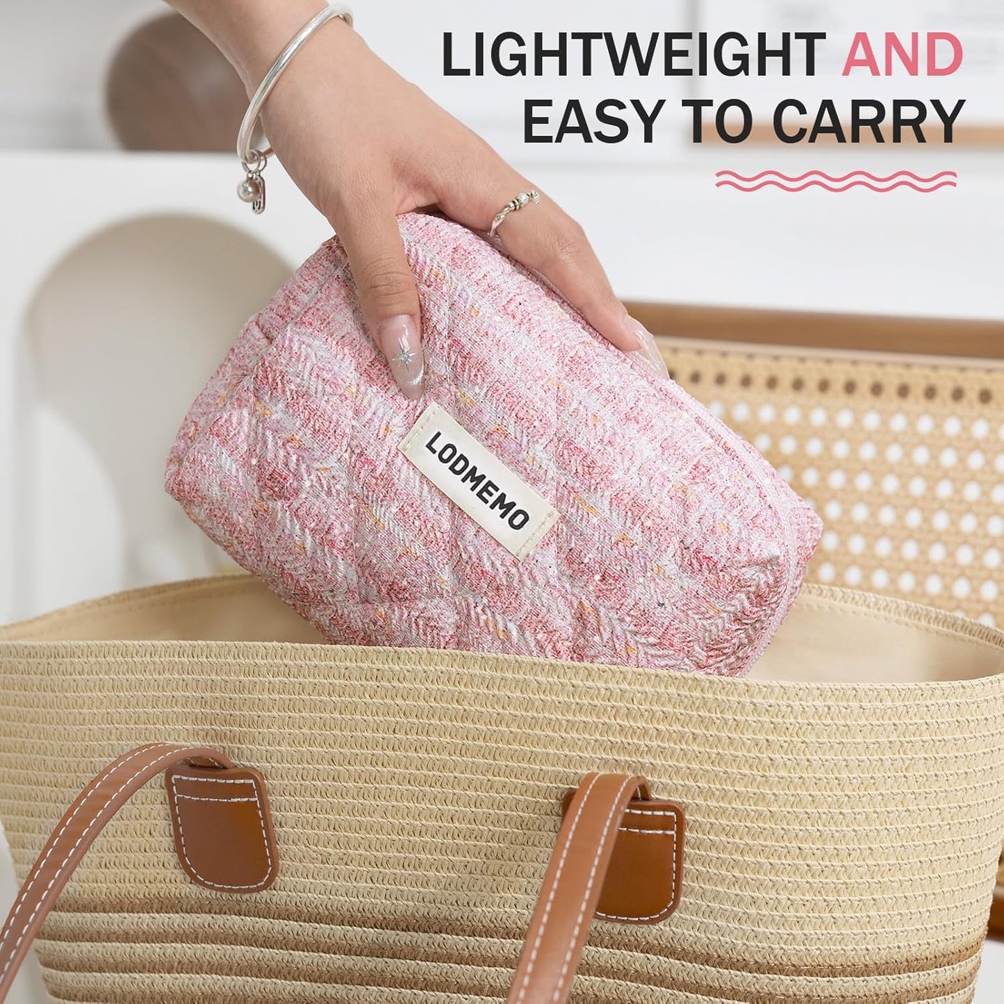 Makeup Bag 3 PCS Quilted Cosmetic Bags for Women, Large Travel Make up Bag Set Cute Cotton Toiletry Bag Organizer Pouch for Purse, Pink