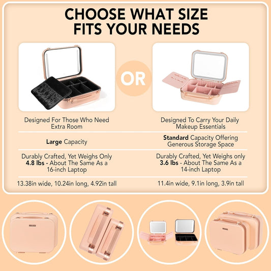 Lighted Makeup Case with Mirror - Large Size 13.4" x 10.2" - Travel Makeup Case With Mirror - Rechargeable LED Travel Vanity Case with Adjustable Brightness - Train Case Makeup Bag - Pink