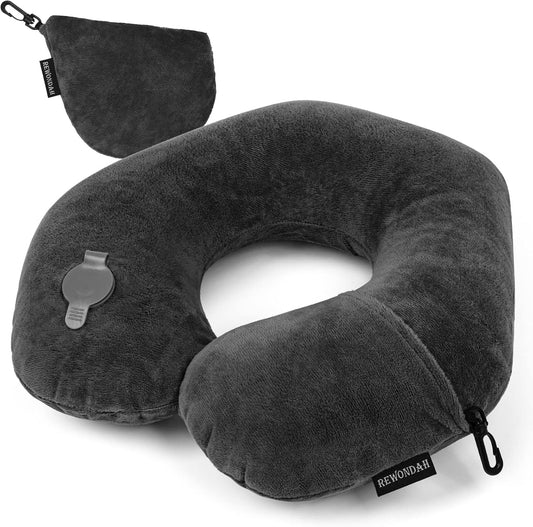 Rewondah Inflatable Travel Pillow, Inflatable Neck Pillow for Traveling Airplane, Travel Pillow with Soft Velour Washable Cover, U Shape Blow Up Neck Pillow for Airplanes Train Car Travel