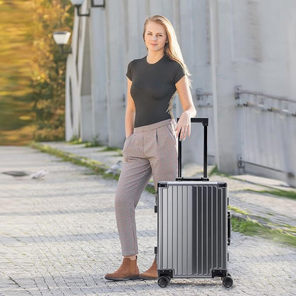 YYW Aluminum Carry-On Luggage Airline Approved Lightweight Suitcase with TSA Lock and Silent Wheels, Hardshell Spinner Business Travel (Gunmetal gray, 24in)