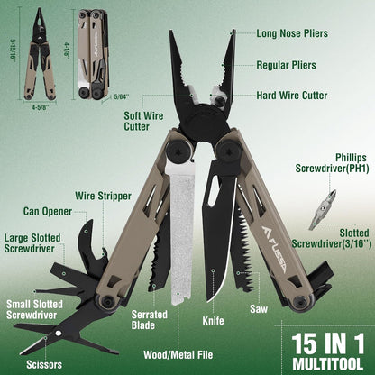 FLISSA Multitool, 15-in-1 Multi Tool Pocket Knife with Sheath, Stainless Steel EDC Multitool Pliers for Men, All-in-One Tools for Camping, Fishing, Survival