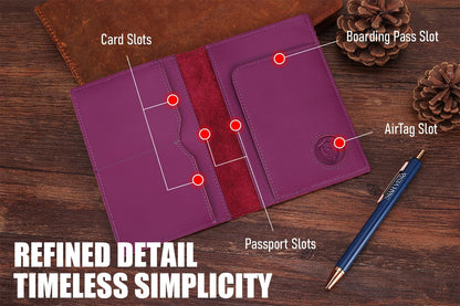 STAR VISTA Albatross Leather Travel Passport Holder, Minimalist Design, Calfskin Leather Case for Women and Men - Slim Passport Wallet, Bifold, RFID Blocking, with AirTag Holder, Violet