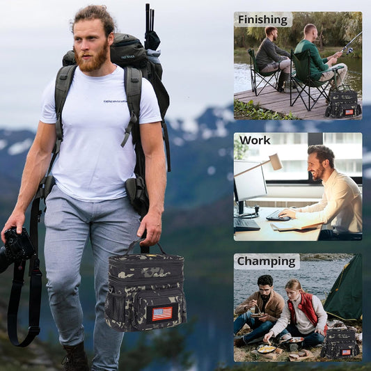 ATRIPACK Lunch Bag for Men, Double Deck Tactical Lunch Box Work with Shoulder Strap MOLLE Webbing Large Lunch Cooler Leakproof Insulated （Camo-Black）