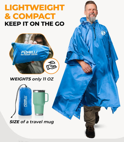Foxelli Rain Poncho for Adults – Extra Long Reusable Waterproof Raincoat with Hood, Lightweight for Hiking, Camping, Outdoors