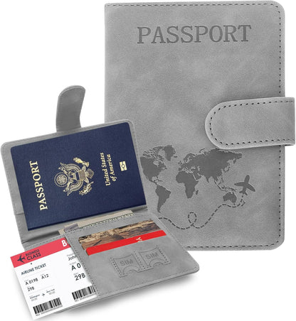 Passport Holders, RFID Blocking Credit Card Holder, PU Leather Vaccine Card Holders for Travel with Magnetic Buckle, Travel Must Haves Cruise Ship Essentials for Men, Women (Grey)