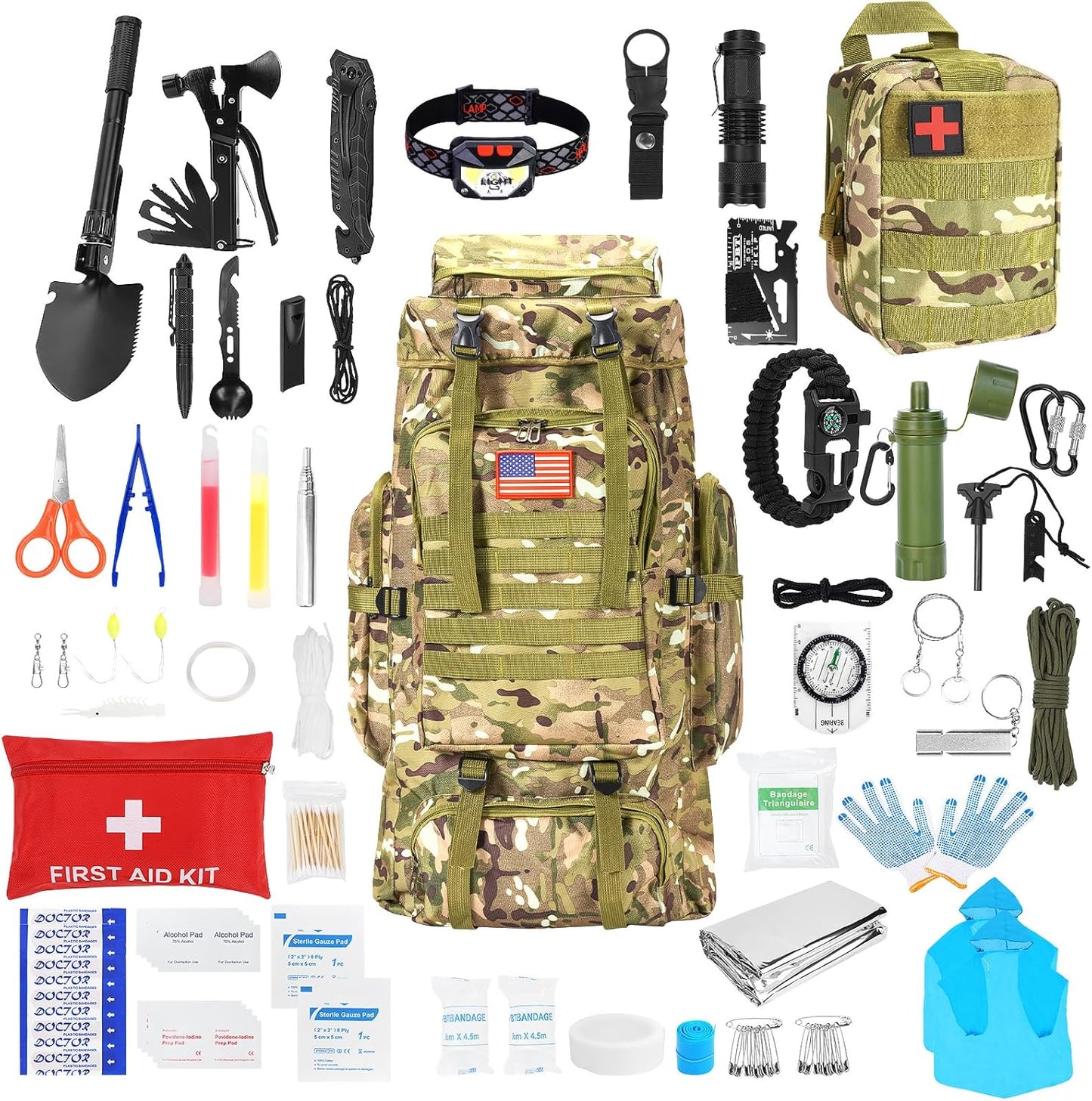 Survival Gear Professional Kit and Large Camping Backpack,First Aid Kit for Adventure Outdoor Hiking Accessories